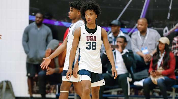 Oct 6, 2018; Colorado Springs, CO, USA; USA Men's Junior National Team participant Sharife Cooper (38) during minicamp at the U.S. Olympic Training Center.